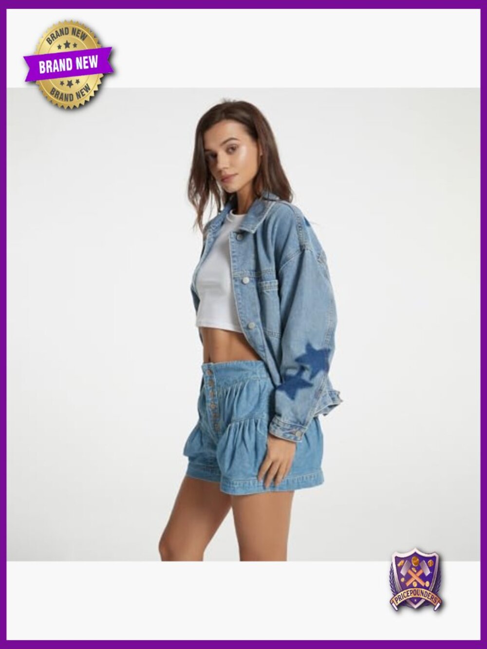 Oversized Boyfriend Denim Jacket with Leopard Stars Print - Picture 4 of 7